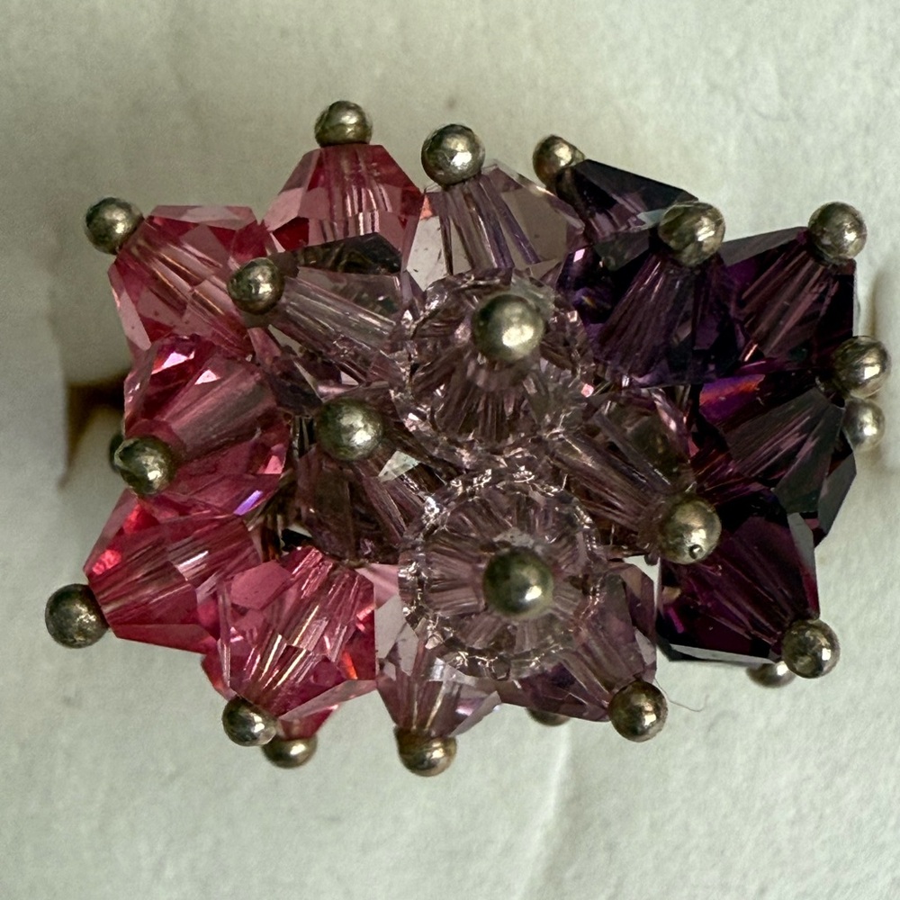 Vibrant Cha Cha Cluster Sterling Silver Pink , Lavender and Purple Crystal Ring - Picture 1 of 13